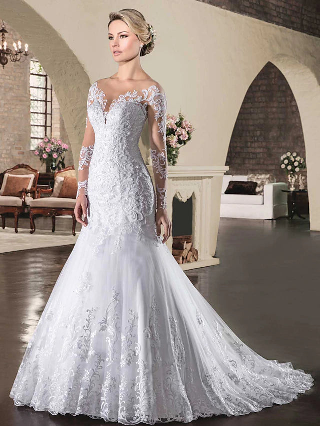 Engagement Open Back Formal Wedding Dresses Court Train Mermaid / Trumpet Long Sleeve Illusion Neck Lace With Appliques