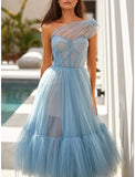 A-Line Prom Dresses Elegant Dress Formal Tea Length Sleeveless One Shoulder Tulle with Pleats