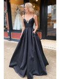 A-Line Prom Dresses Open Back Dress Formal Floor Length Sleeveless V Neck Pocket Stretch Satin Backless with Pleats Beading Pocket