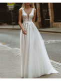 Beach Wedding Dresses A-Line V Neck Sleeveless Sweep / Brush Train Lace Bridal Gowns With Appliques