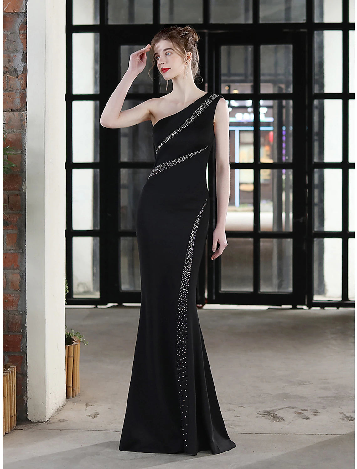 Mermaid / Trumpet Evening Gown Sexy Dress Wedding Guest Floor Length Sleeveless One Shoulder Stretch Satin with Crystals