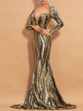 Mermaid / Trumpet Evening Gown Vintage Dress Prom Sweep / Brush Train Long Sleeve V Neck Sequined with Sequin