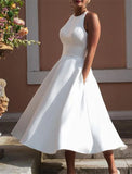 Reception Little White Dresses Wedding Dresses A-Line Halter Neck Sleeveless Tea Length Satin Bridal Gowns With Solid Color