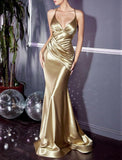 Mermaid / Trumpet Evening Gown Elegant Dress Engagement Sweep / Brush Train Sleeveless V Neck Satin with Criss Cross Ruched