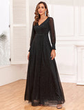 A-Line Evening Gown Empire Dress Party Wear Floor Length Long Sleeve V Neck Tulle V Back with Glitter Slit