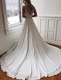 Beach Open Back Boho Wedding Dresses Chapel Train A-Line Spaghetti Strap V Neck Chiffon With Appliques Solid Color