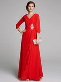 A-Line Mother of the Bride Dress Elegant V Neck Floor Length Chiffon Half Sleeve with Pleats Appliques