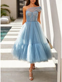 A-Line Prom Dresses Elegant Dress Formal Tea Length Sleeveless One Shoulder Tulle with Pleats