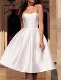 Reception Little White Dresses Wedding Dresses A-Line Sweetheart Strapless Knee Length Satin Bridal Gowns With Solid Color