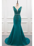 Mermaid / Trumpet Evening Gown Sexy Dress Formal Court Train Sleeveless V Neck Taffeta with Pearls Embroidery