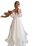 Reception Casual Fall Wedding Dresses A-Line V Neck Long Sleeve Floor Length Tulle Bridal Gowns With Solid Color