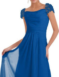 A-Line Bridesmaid Dress Square Neck Short Sleeve Elegant Floor Length Chiffon with Lace