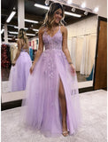 A-Line Evening Gown Open Back Dress Formal Floor Length Sleeveless V Neck Tulle Backless with Beading Slit Appliques