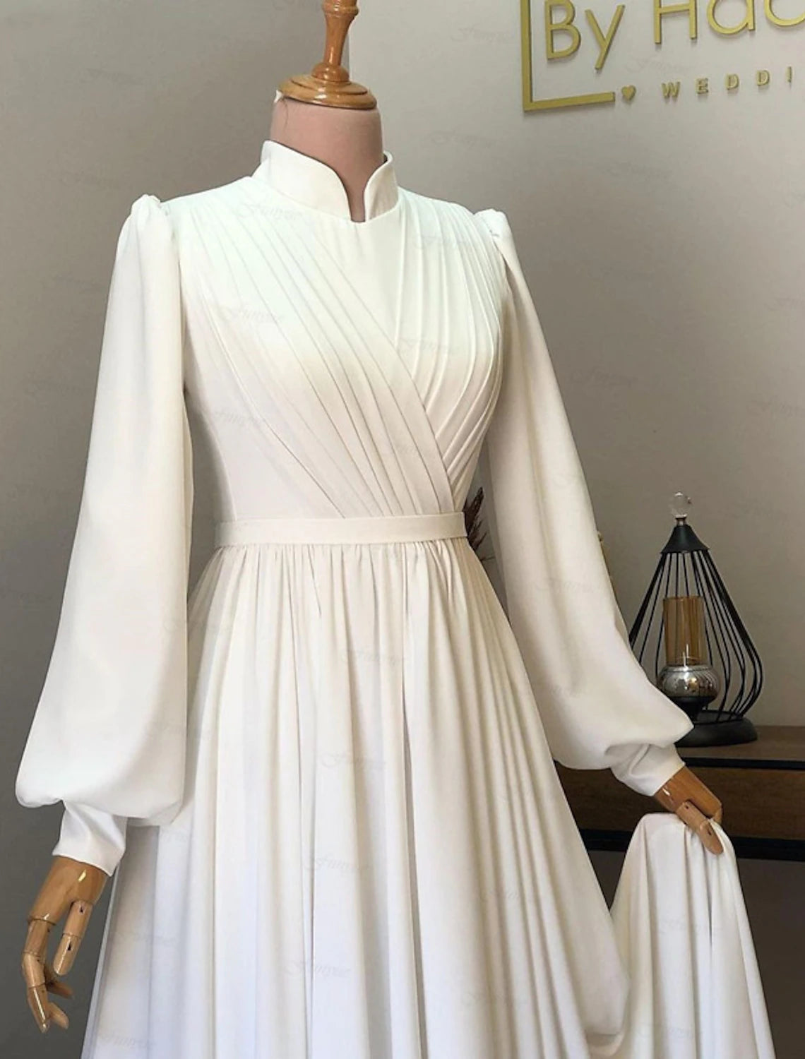 Hall Vintage 1940s / 1950s Casual Wedding Dresses A-Line High Neck Long Sleeve Court Train Chiffon Bridal Gowns With Pleats Solid Color