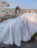 Engagement Sexy Formal Wedding Dresses Ball Gown V Neck Long Sleeve Chapel Train Lace Bridal Gowns With Appliques