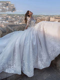 Engagement Sexy Formal Wedding Dresses Chapel Train Ball Gown Long Sleeve V Neck Lace With Appliques