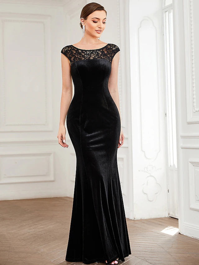 Mermaid / Trumpet Evening Gown Elegant Dress Formal Floor Length Short Sleeve Jewel Neck Velvet with Lace Insert