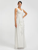 Sheath / Column V Neck Floor Length Chiffon Bridesmaid Dress with Draping / Sash / Ribbon