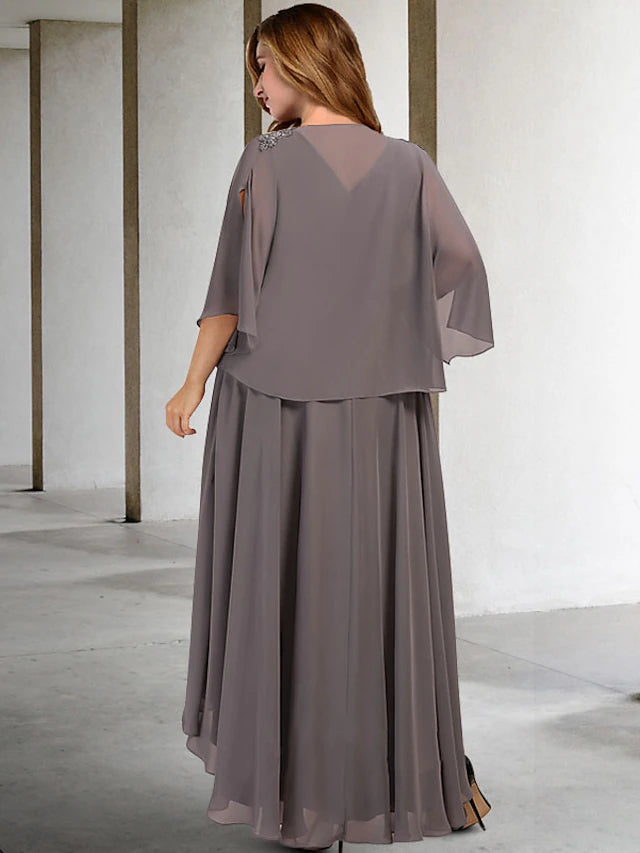 Two Piece A-Line Plus Size Curve Mother of the Bride Dresses Elegant Dress Wedding Guest Tea Length Sleeveless V Neck Chiffon with Beading