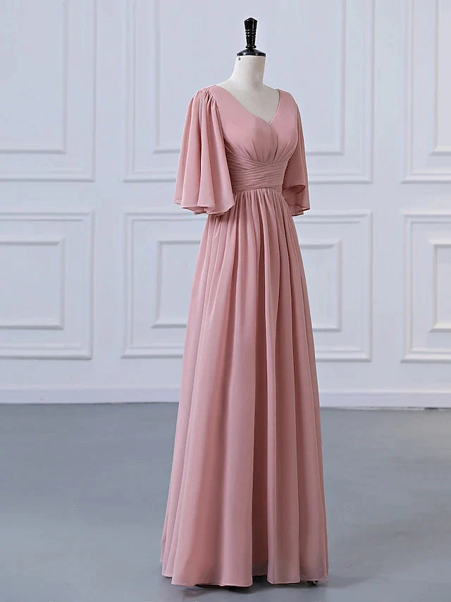 A-Line Bridesmaid Dress V Neck Half Sleeve Elegant Floor Length Chiffo ...