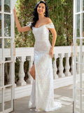 Sheath / Column Evening Gown Sexy Dress Party Wear Sweep / Brush Train Short Sleeve Off Shoulder Sequined with Sequin Slit