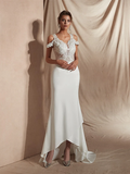 Mermaid Trumpet Wedding Dresses V Neck Asymmetrical Matte Satin Short Sleeve Casual Sexy Illusion Detail Modern with Appliques