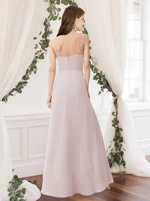 A-Line Jewel Neck Floor Length Chiffon Bridesmaid Dress with Pleats