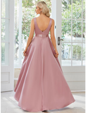 A-Line Wedding Guest Dresses Casual Dress Party Wear Asymmetrical Sleeveless V Neck Satin with Ruffles Pure Color