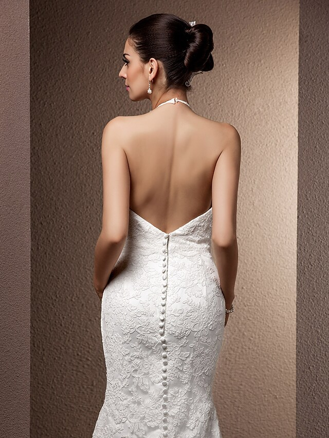 Wedding Dresses Halter Neck  Lace Regular Straps Open Back with Beading Flower Button