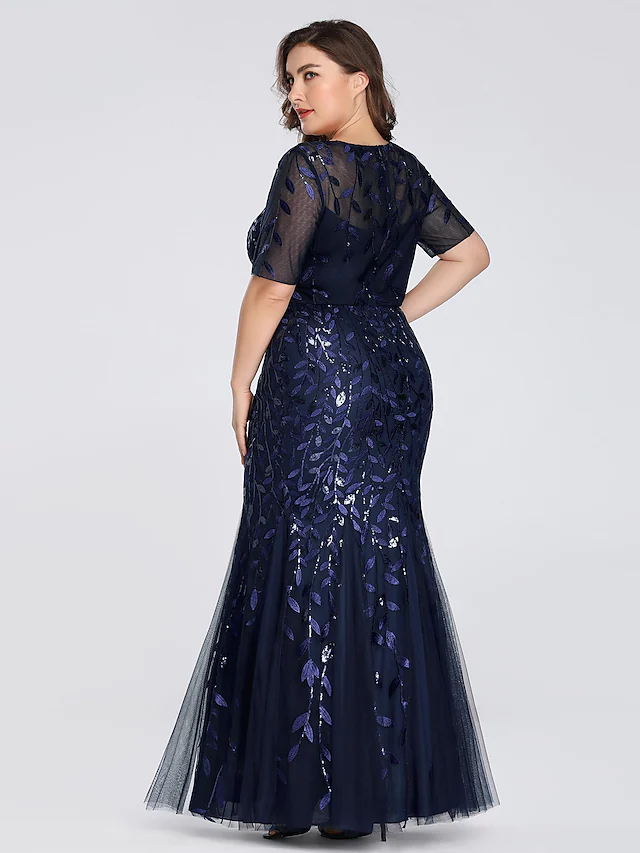 Plus Size Wedding Guest Formal Evening Dress Jewel Neck Short Sleeve Floor Length Tulle with Sequin Appliques   Illusion Sleeve