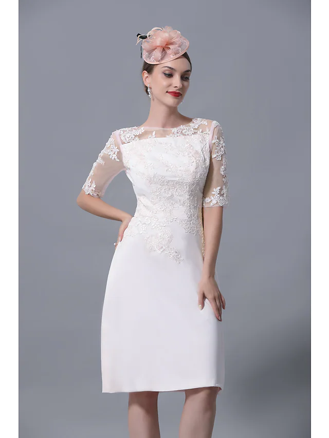 Mother of the Bride Dress Plus Size Elegant Jewel Neck Knee Length Polyester Short Sleeve with Lace