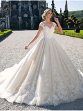 Ball Gown Wedding Dresses Jewel Neck Chapel Train Lace Tulle Lace Over Satin Cap Sleeve Glamorous Illusion Detail with Appliques