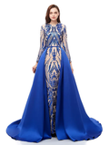 Ball Gown Luxurious Sparkle Prom Formal Evening Dress Jewel Neck Long Sleeve Detachable Sequined with Overskirt Pattern  Print Appliques
