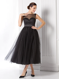 A-Line Vintage Wedding Guest Black Cocktail Party Dress Illusion Neck Sleeveless Tea Length Tulle with Pattern  Print