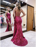 Mermaid / Trumpet Evening Gown Sexy Dress Formal Sweep / Brush Train Sleeveless Spaghetti Strap Sequined Backless with Sequin Appliques