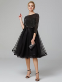 A-Line Cocktail Dresses Sparkle & Shine Dress Formal Tea Length 3/4 Length Sleeve Jewel Neck Tulle with Sequin Strappy