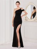 Mermaid / Trumpet Evening Gown Elegant Dress Wedding Guest Floor Length Sleeveless Spaghetti Strap Satin V Back with Slit