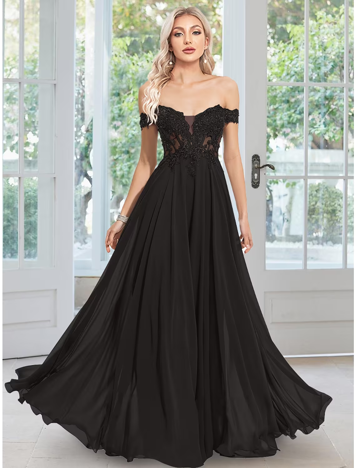 A-Line Evening Gown Floral Dresses Prom Floor Length Sleeveless Off Shoulder Chiffon with Appliques