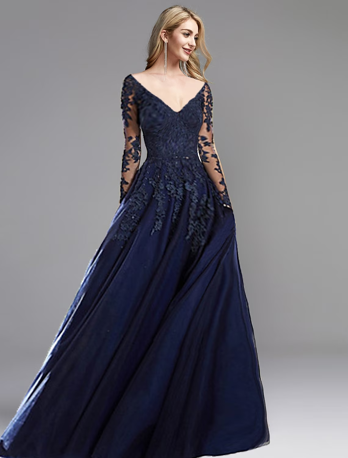 A-Line Evening Gown Open Back Dress Formal Evening Sweep / Brush Train Long Sleeve Plunging Neck Chiffon with Appliques