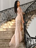 Mermaid / Trumpet Evening Gown Sexy Dress Wedding Party Sweep / Brush Train Long Sleeve V Neck Charmeuse with Pearls Slit
