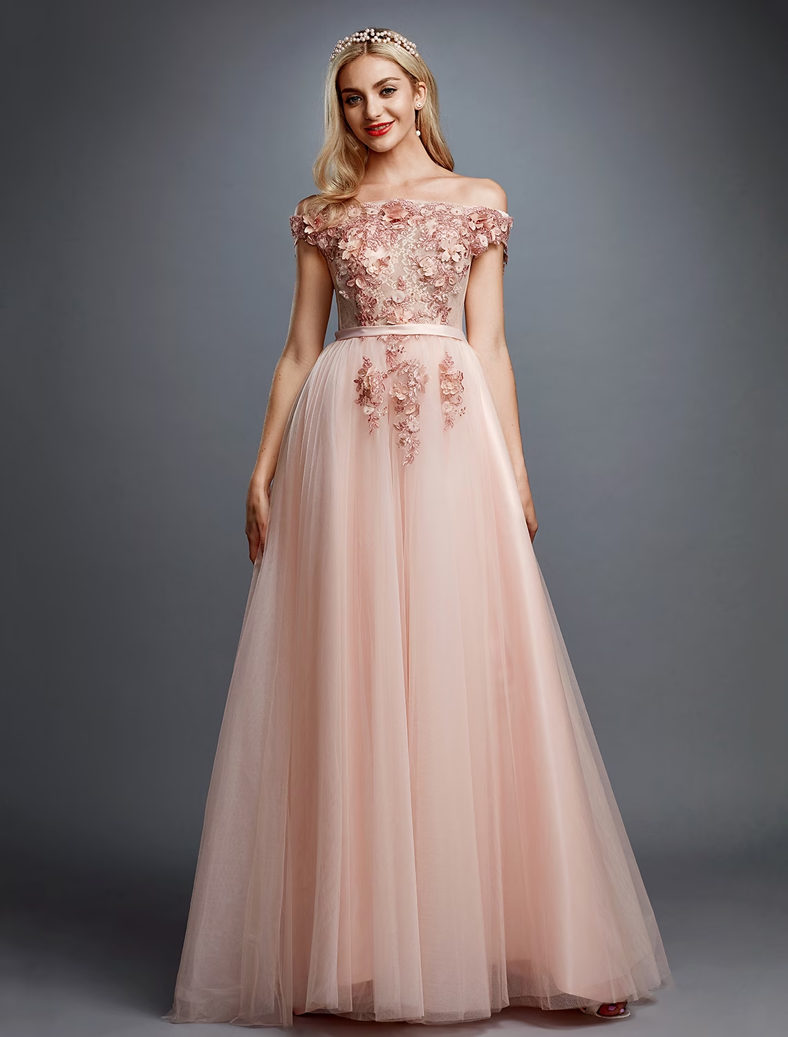 A-Line Floral Dress Wedding Guest Sweep / Brush Train Sleeveless Off Shoulder Tulle Over Lace with Appliques