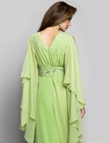 Sheath / Column Elegant Dress Wedding Guest Floor Length Long Sleeve V Neck Chiffon V Back with Crystals Side Draping