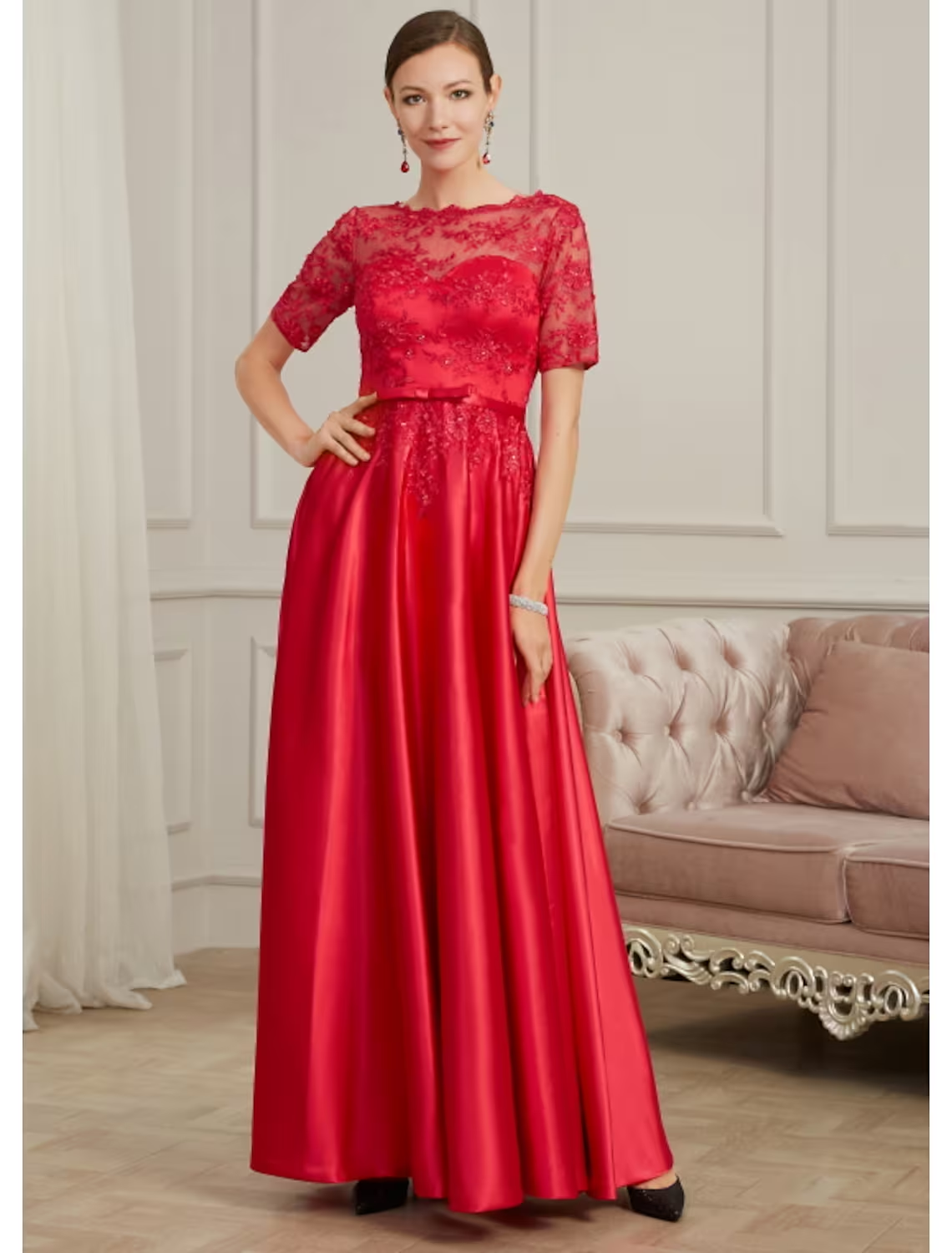 A-Line Evening Gown Elegant Dress Wedding Guest Floor Length Short Sleeve Jewel Neck Polyester with Pleats Beading Appliques