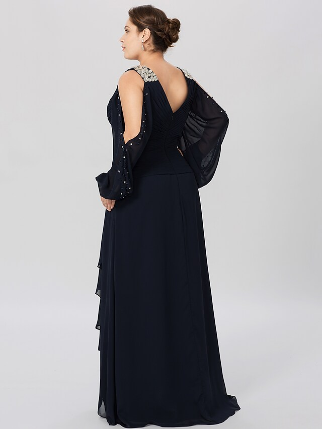 Mother of the Bride Dress Classic & Timeless Elegant & Luxurious Plus Size V Neck Asymmetrical Chiffon Stretch Satin Long Sleeve with Criss Cross Crystals