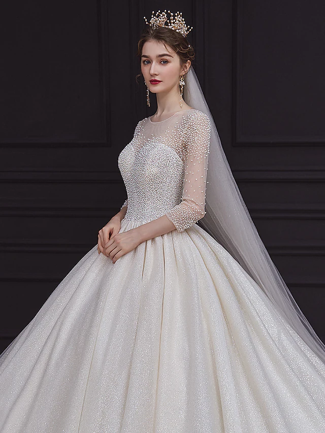 Princess Ball Gown Wedding Dresses Jewel Neck Chapel Train Lace Tulle ...