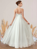 A-Line Wedding Dresses V Neck Spaghetti Strap Floor Length Chiffon Lace Sleeveless Romantic Sexy with Pleats Appliques