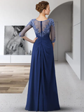 Mother of the Bride Dress Elegant Jewel Neck Floor Length Chiffon Lace 3/4 Length Sleeve with Appliques Ruching