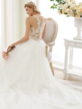 Ball Gown Wedding Dresses Jewel Neck Chapel Train Lace Tulle Lace Over Tulle Regular Straps See-Through Beautiful Back with Buttons Appliques