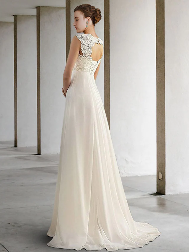 Wedding Dresses Scoop Neck  Chiffon Lace Sleeveless Simple Sexy with Pleats Appliques