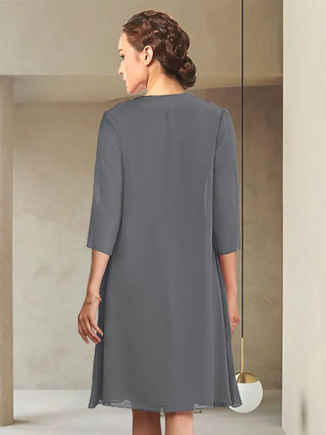 Mother of the Bride Dress Elegant Jewel Neck Knee Length Chiffon  Length Sleeve with Ruching